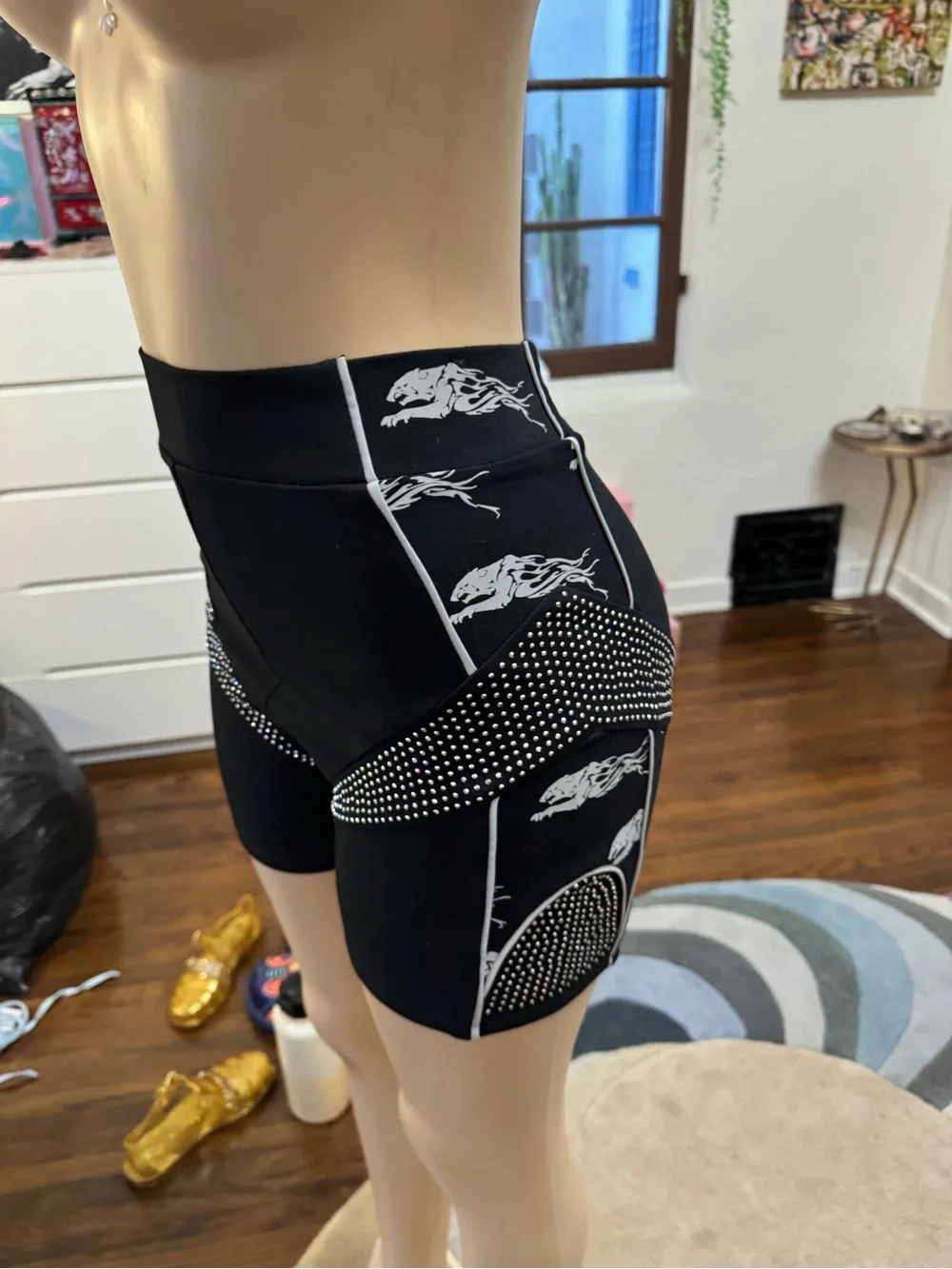 Black Studded Graphic High Waisted Bike Shorts with White Panther Motif